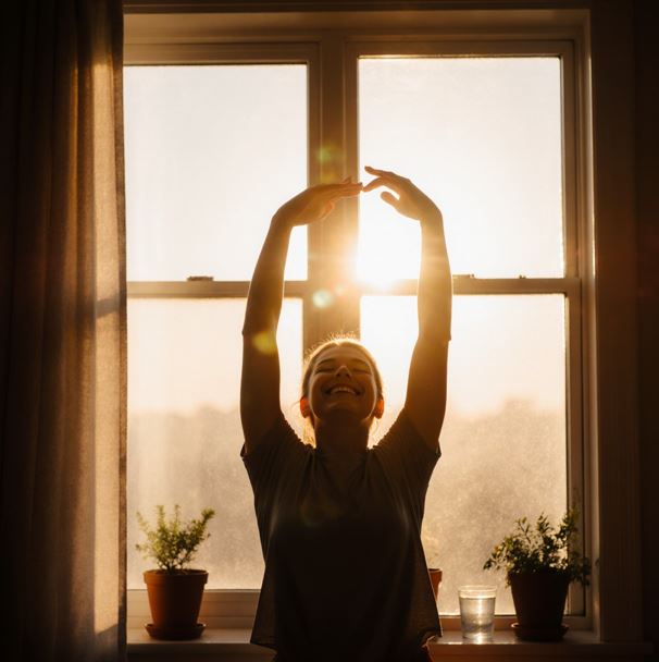 큰 창문 앞에서 팔을 위로 쭉 펴고 스트레칭하는 사람의 밝은 모습