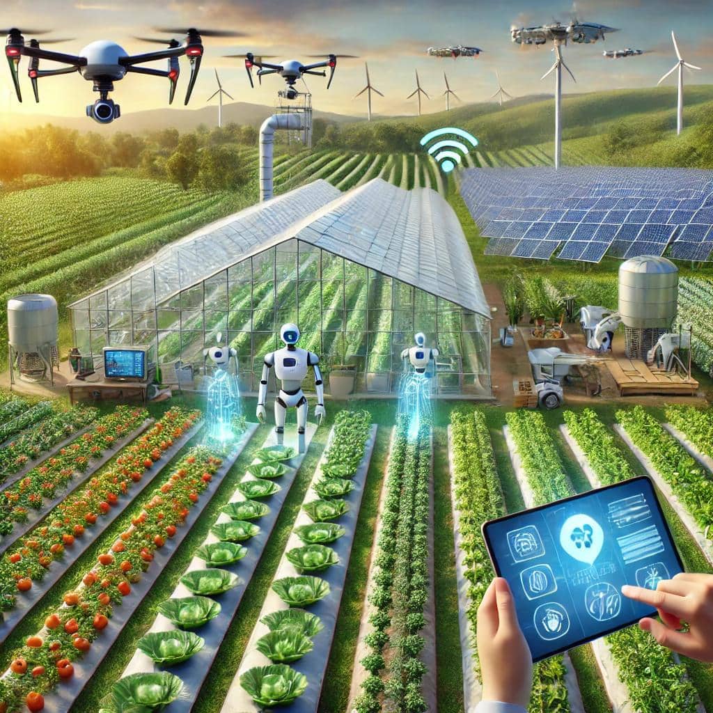 스마트 기술이 적용된 온실, 농업 로봇, 드론, 자동화 시스템 등을 표현한 미래 농업 기술 이미지