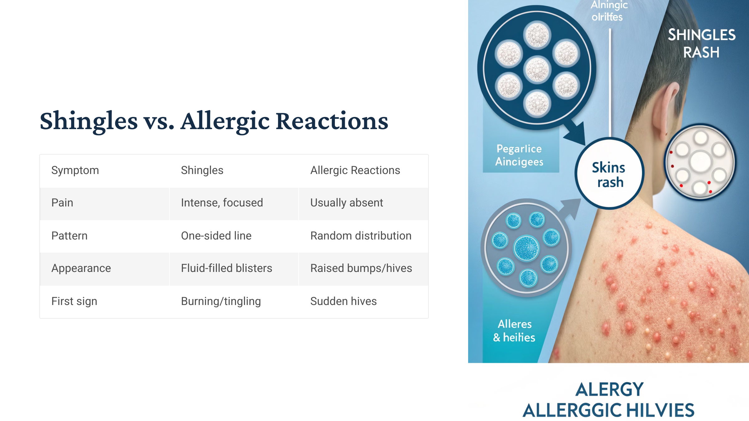 side-by-side comparison of shingles rash versus allergic hives reaction on skin, medical lighting, educational format