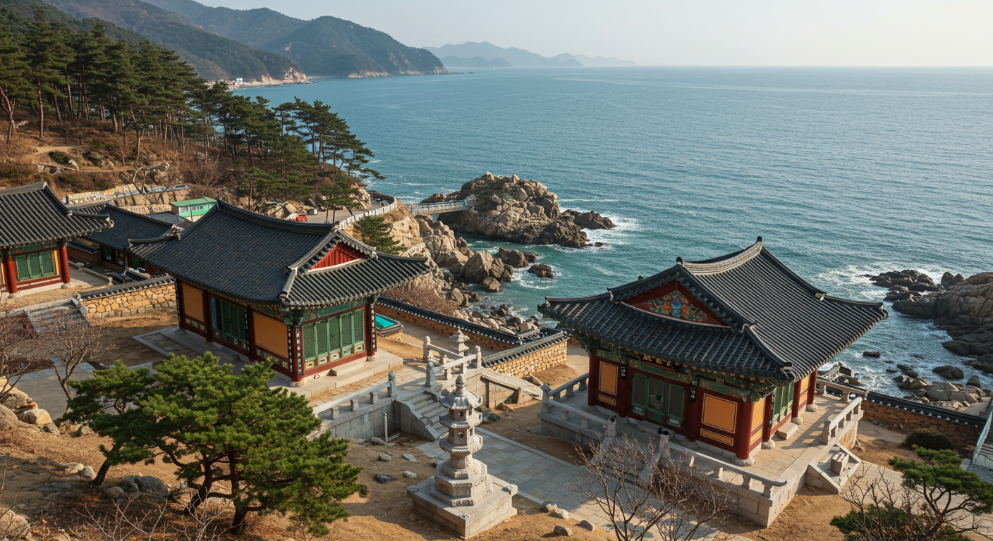 양양 낙산사의 홍련암과 의상대, 그리고 동해 바다 전경