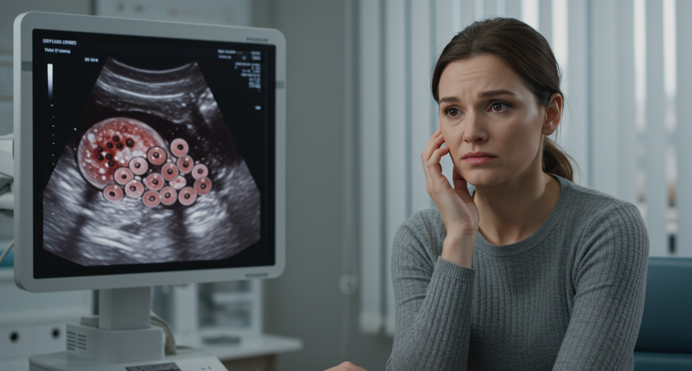 산부인과에서 초음파를 보며 다낭성 난소증후군 소견을 듣고 걱정하는 여성의 모습