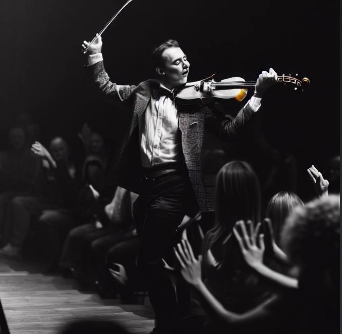 관중 속에서 흥겹게 바이올린을 연주하는 연주자(made by Bing)