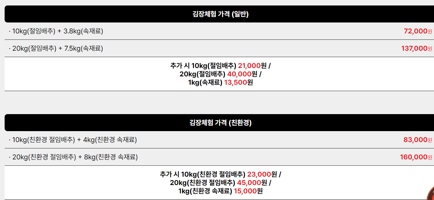 원스톱 김장담그기 체험비 안내