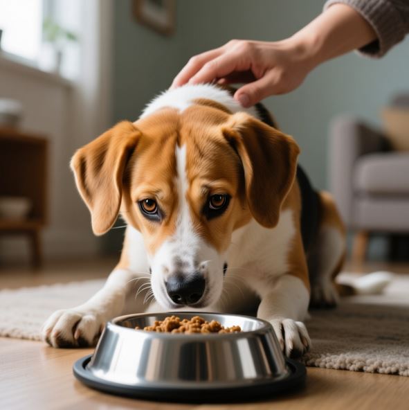 강아지가 밥그릇을 지키며 경계하는 모습