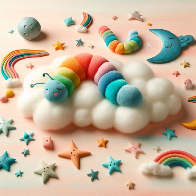 무지개 색 애벌레가 구름 위에서 상상하는 모습.