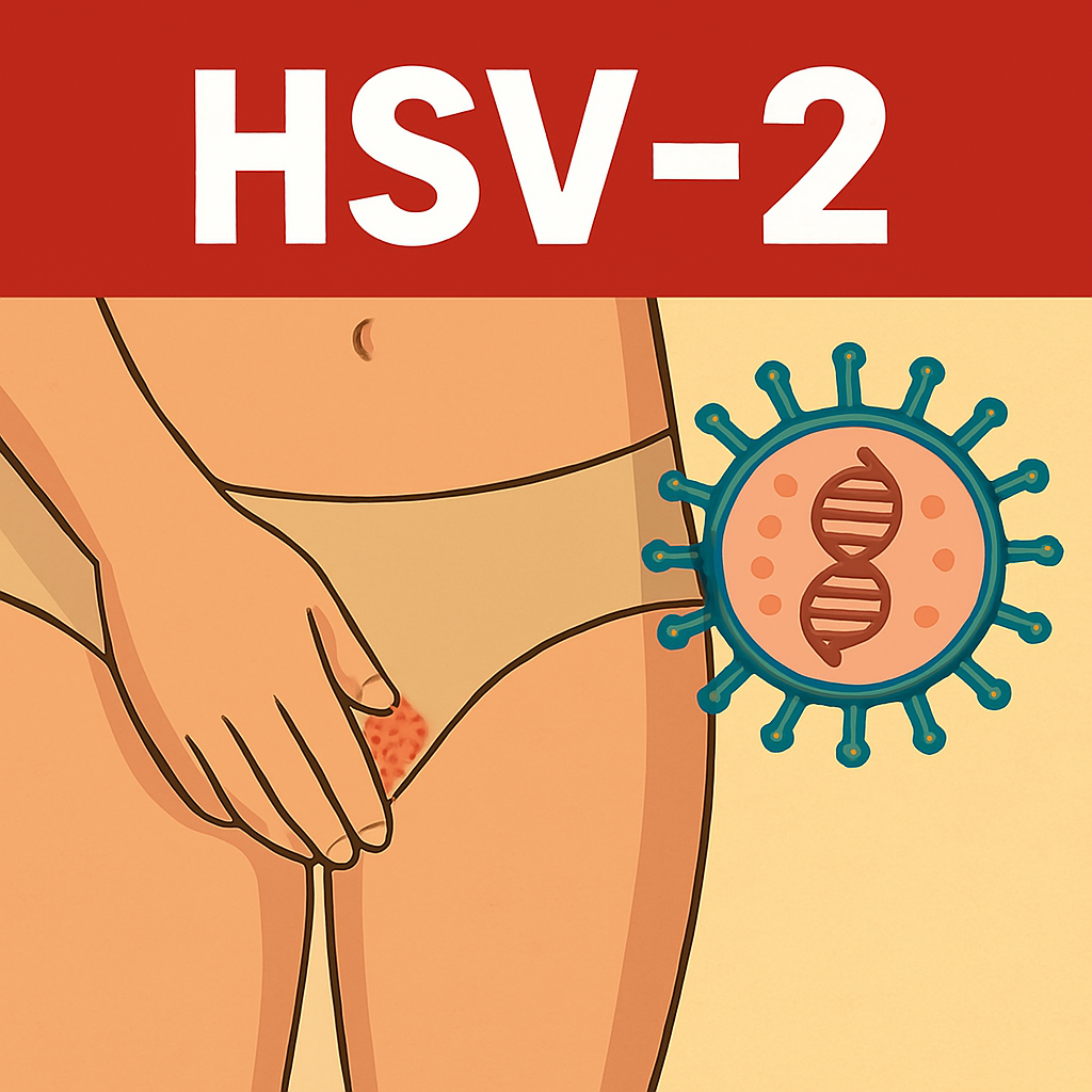 헤르페스 증상으로 HSV-2에관한 이미지
여성이 팬티를 입고 손으로 가리고 있지만 옆에 수포모양이 있음