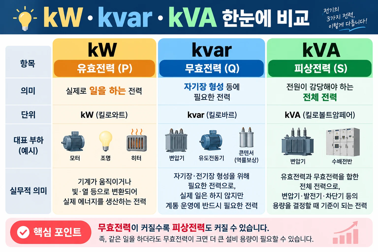 kW kvar kVA의 의미 단위 대표 부하 실무 의미 비교표