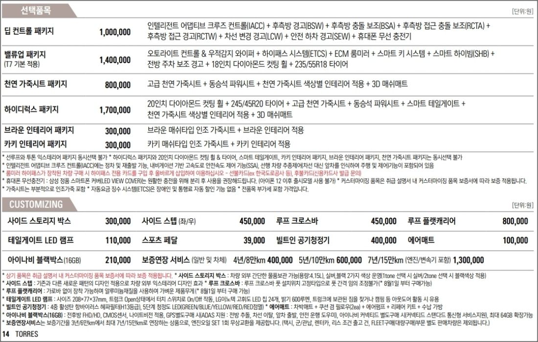 토레스 옵션표 몇인승 3