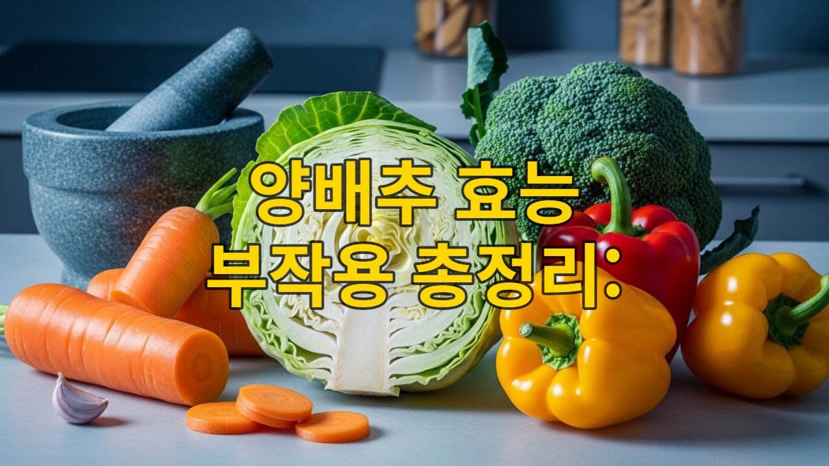 신선하게 반으로 잘린 양배추와 다양한 건강 채소가 놓인 주방 풍경, 건강한 식재료의 풍부함을 강조하는 모습