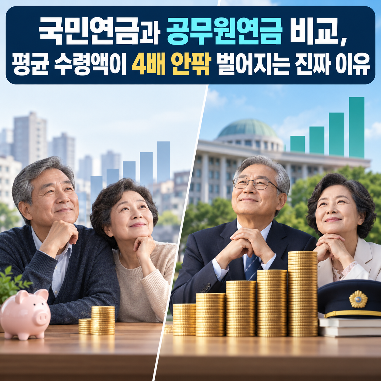 국민연금과 공무원연금의 평균 수령액 격차를 노년 부부와 금화 더미, 상승 막대그래프로 비교한 인포그래픽 이미지.