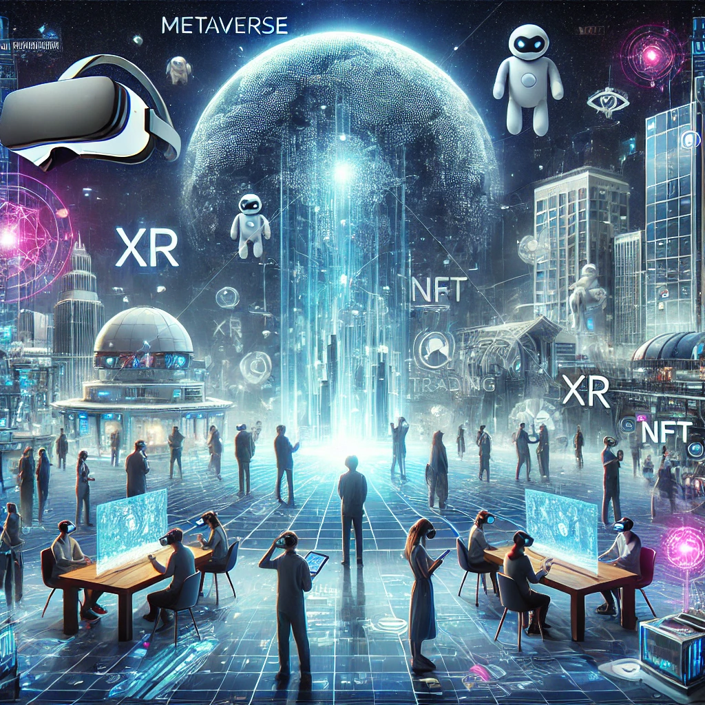 &quot;메타버스와 XR 기술이 융합된 미래 세계: 가상 오피스, VR 게임, 디지털 아바타, NFT 거래가 활발한 디지털 공간. AI와 6G 기술이 결합된 초현실적 가상 환경