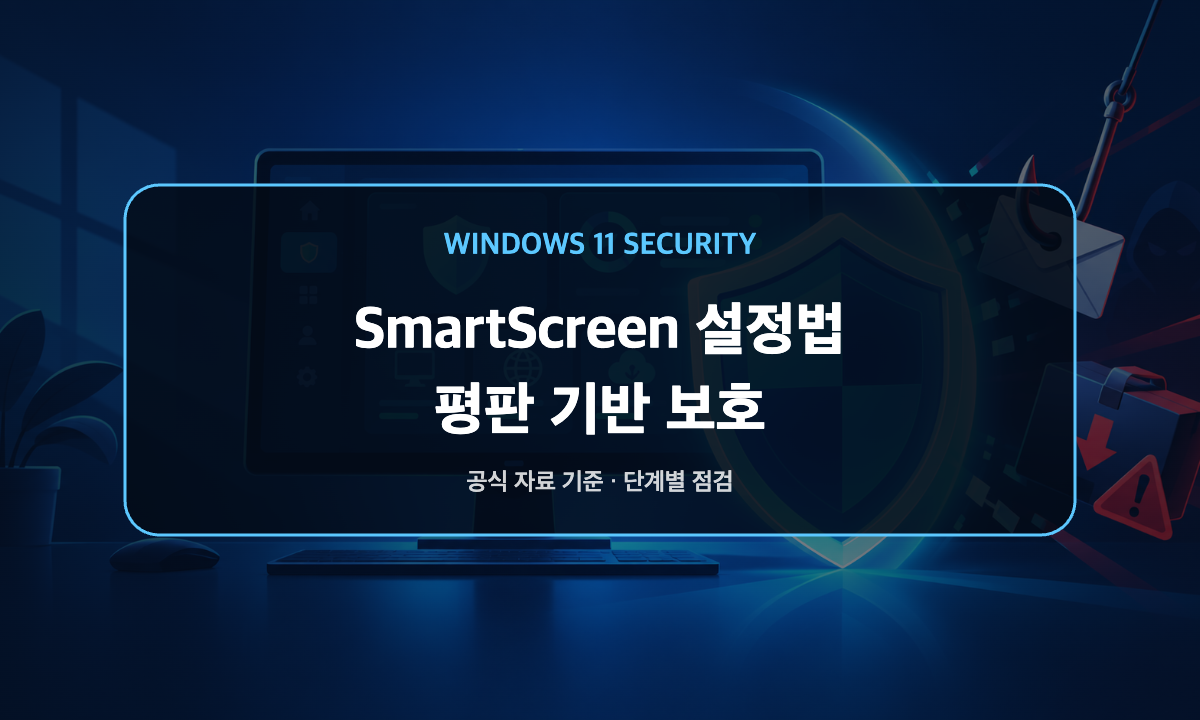 Windows 11 SmartScreen의 평판 기반 보호, 앱 검사, PUA와 피싱 보호 상태를 보여 주는 보안 설정 일러스트