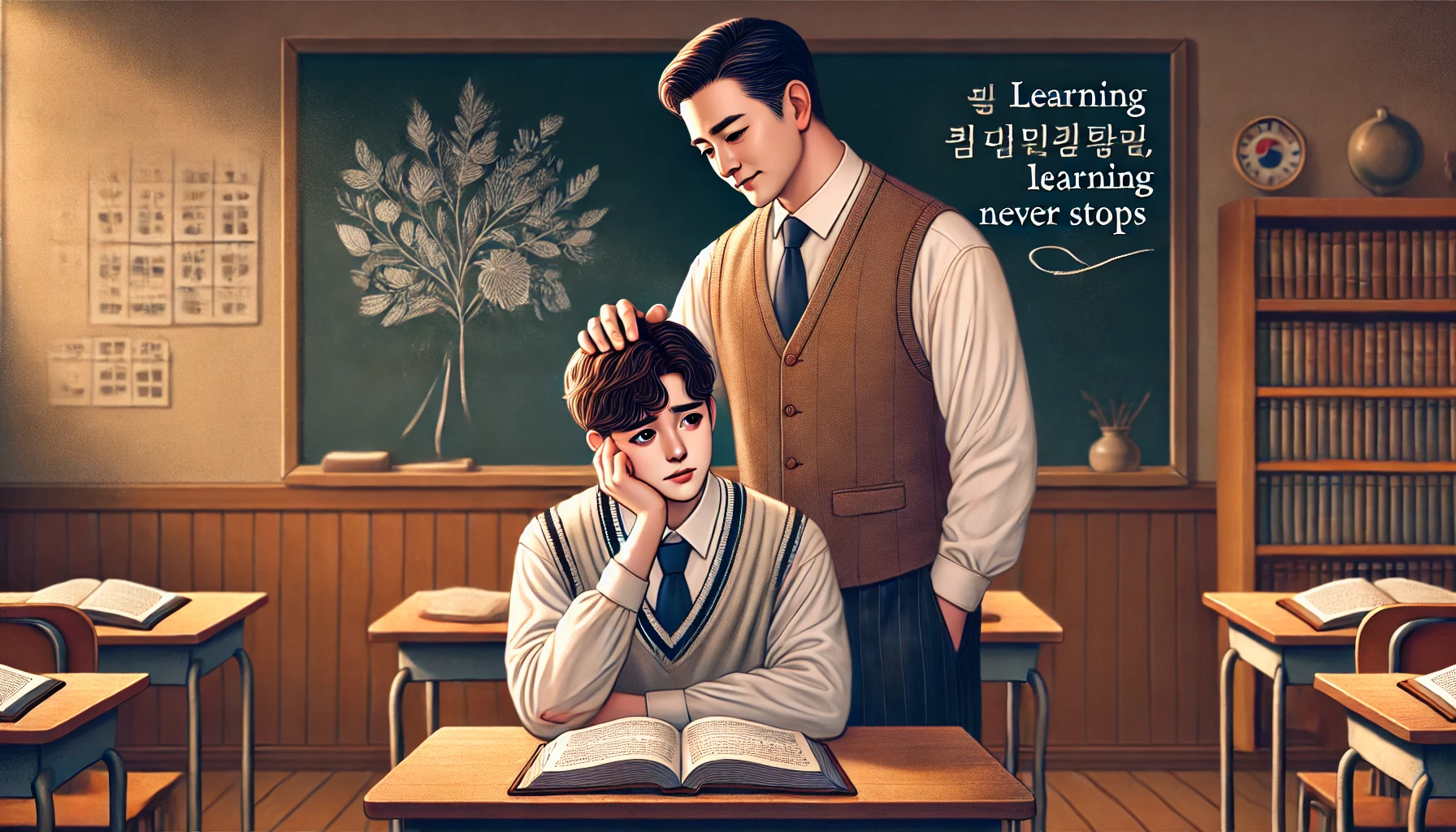 교사가 위기 상황에 놓인 학생을 따뜻하게 위로하는 장면