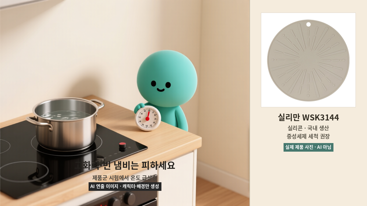 냄비와 타이머로 인덕션 보호매트 사용 주의를 설명하는 AI 연출 이미지와 실리만 WSK3144 실제 제품 사진