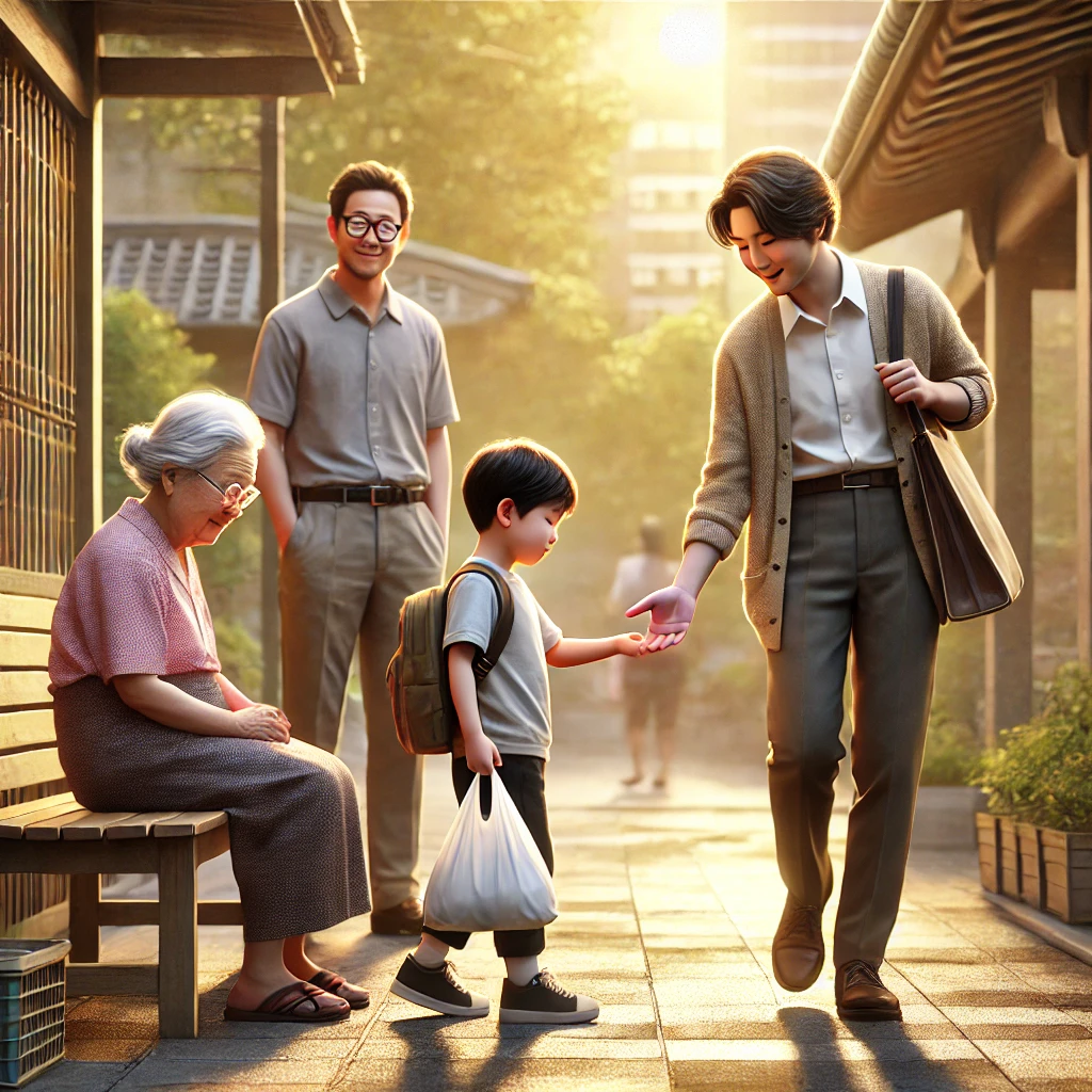 친절의 진정한 아름다움을 실천하는 아이의 모습을 따뜻하고 사실적으로 묘사했습니다. 아이가 노인을 돕는 모습과 부모가 자랑스럽게 지켜보는 장면이 조화를 이루며, 주변 풍경과 빛이 따뜻함을 강조하고 있습니다.