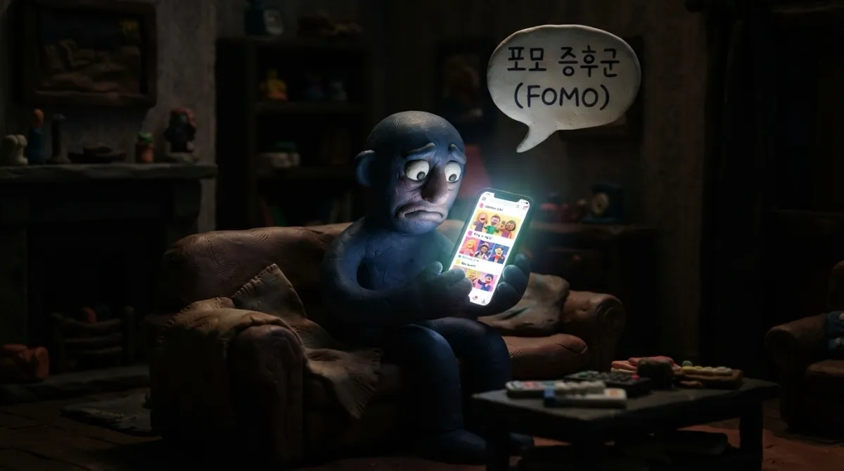 포모 증후군을 어두운 거실의 점토 인형으로 묘사한 아드만 스타일 클레이 스톱모션 장면. 스마트폰 푸른빛만 얼굴을 비추는 인형 머리 위에 "포모 증후군 (FOMO)" 점토 한글 말풍선이 떠 있다.
