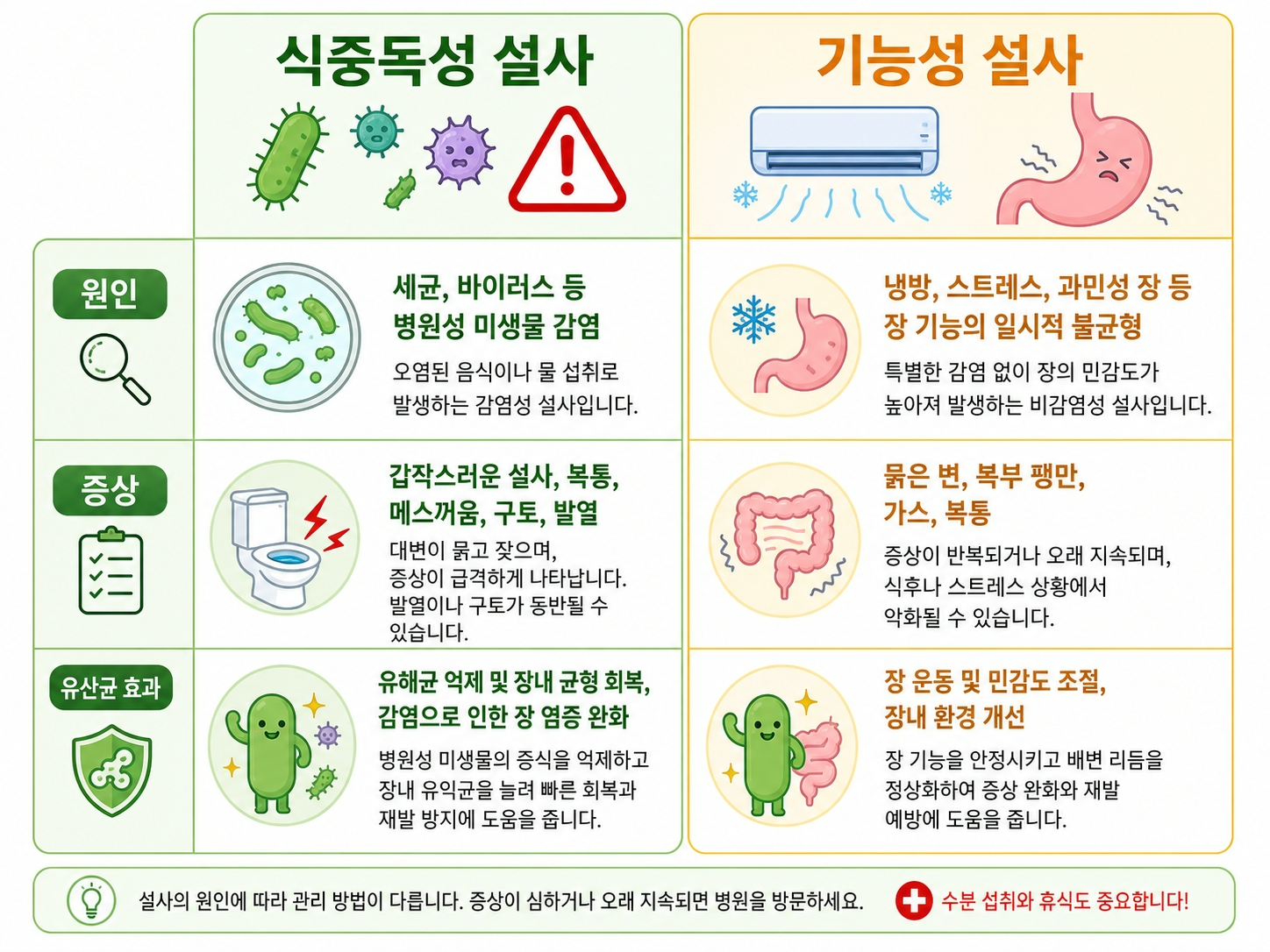 식중독성 설사와 기능성 설사의 원인, 증상, 유산균 효과 비교