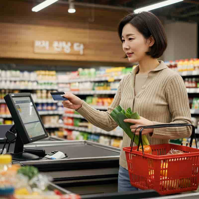 생활비 카드 혜택을 활용해 마트에서 신용카드 결제 중인 주부의 일상 장면