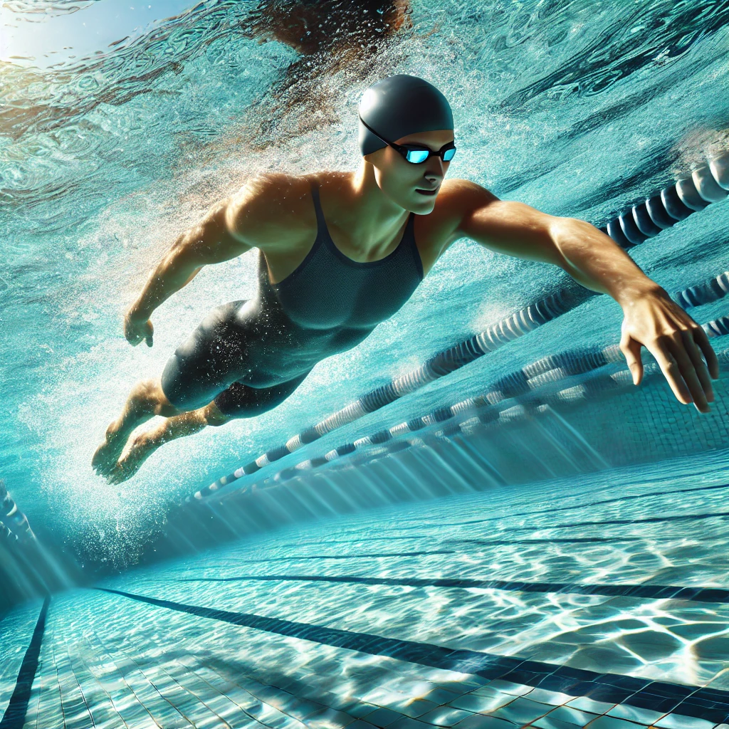 수영장이 있는 깨끗한 물속에서 자유형을 하는 수영 선수, 전문 수영복과 고글을 착용한 채 역동적인 동작을 수행하는 모습
