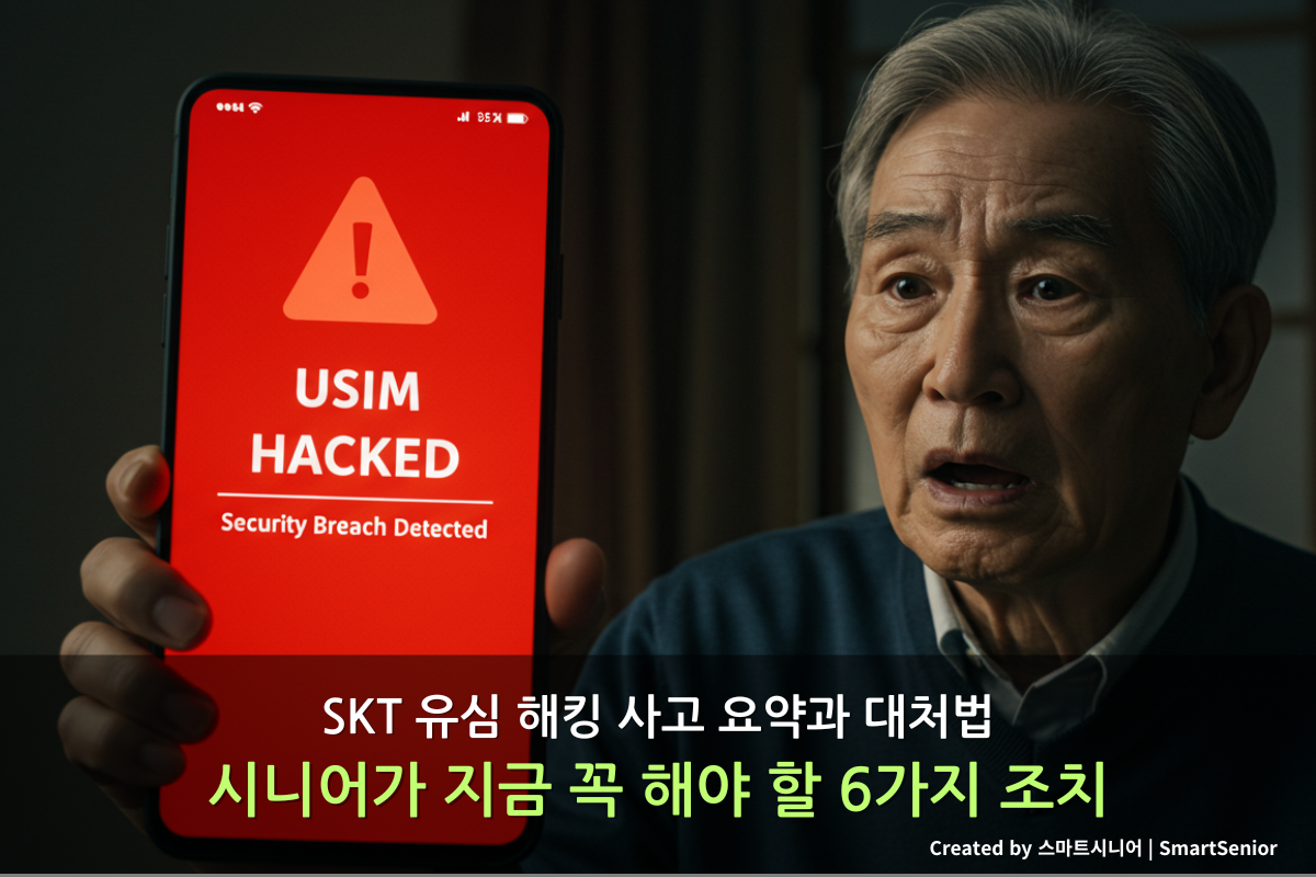 SKT 유심 해킹 경고 메시지를 본 60대 남성의 불안한 표정