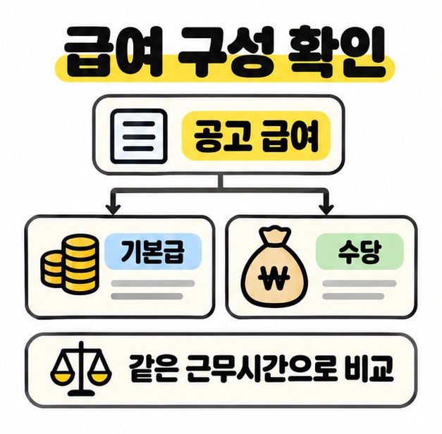 공고 급여가 기본급과 수당으로 나뉘는 구성을 보여주고 같은 근무시간을 기준으로 비교하도록 안내한 도식