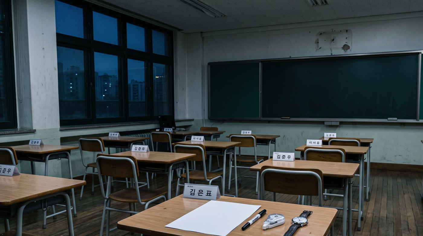수능 시험실 교실, 칠판 위 벽에 시계가 없고 책상에 아날로그 손목시계가 놓인 모습