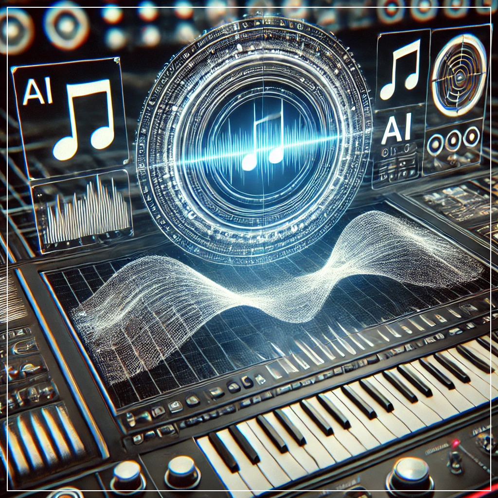 AI 음악 생성기가 디지털 화면에서 음악 노트와 파형을 출력하는 모습을 표현한 이미지