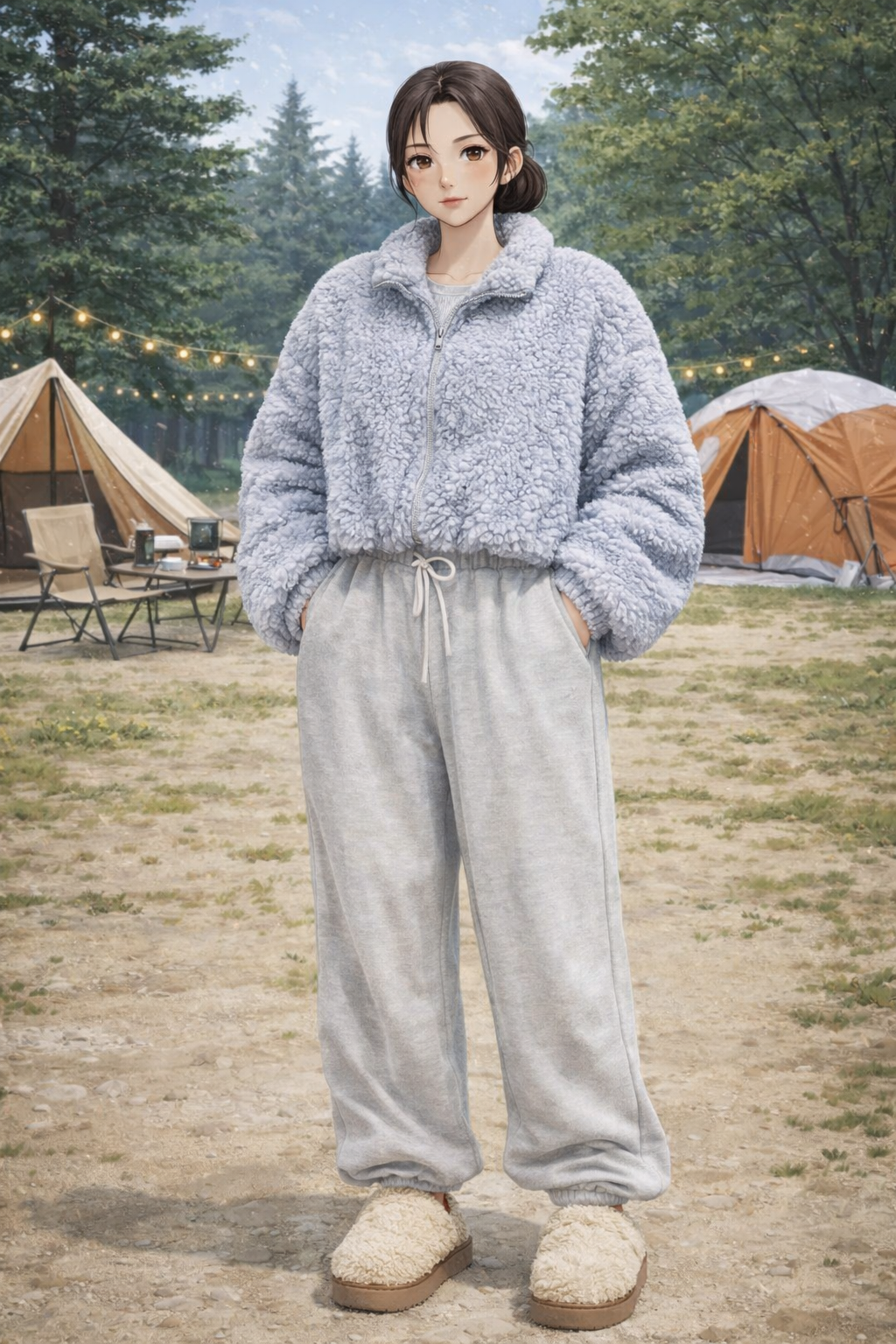 Sherpa fleece jacket training pants camping outfit K-fashion