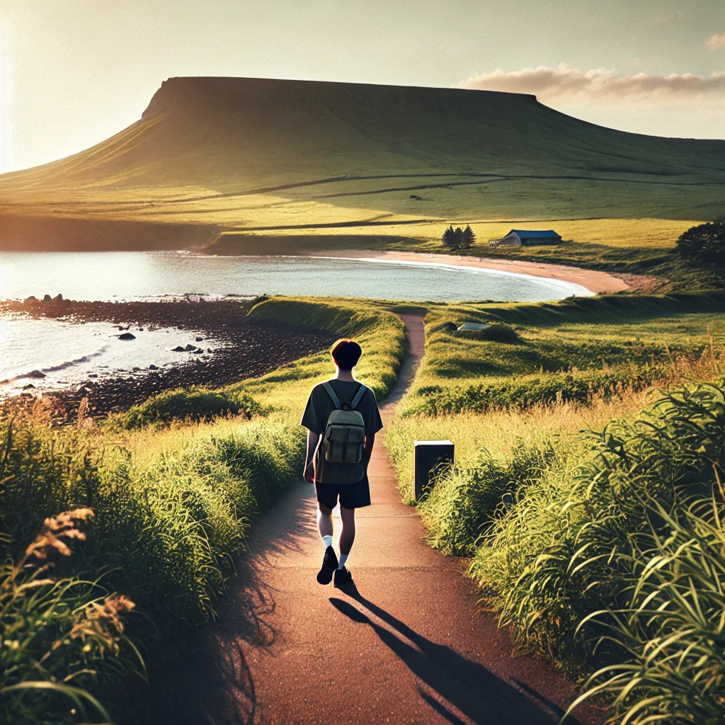 제주도 해안 산책로를 걷는 혼자 여행하는 사람, 바다와 푸른 언덕이 어우러진 평화로운 풍경