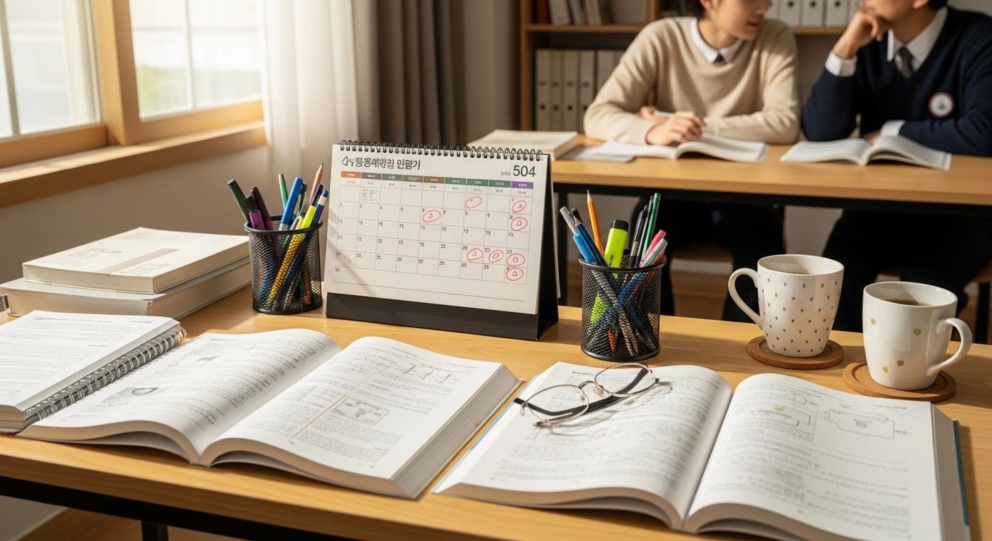 부모와 학생이 입시 자료를 살펴보는 이미지