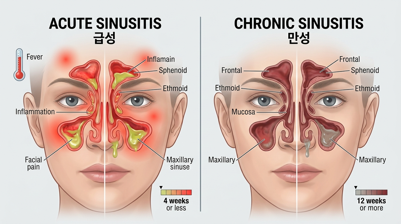 급성과 만성 부비동염의 차이를 명확하게 비교하는 교육용 의학 일러스트레이션