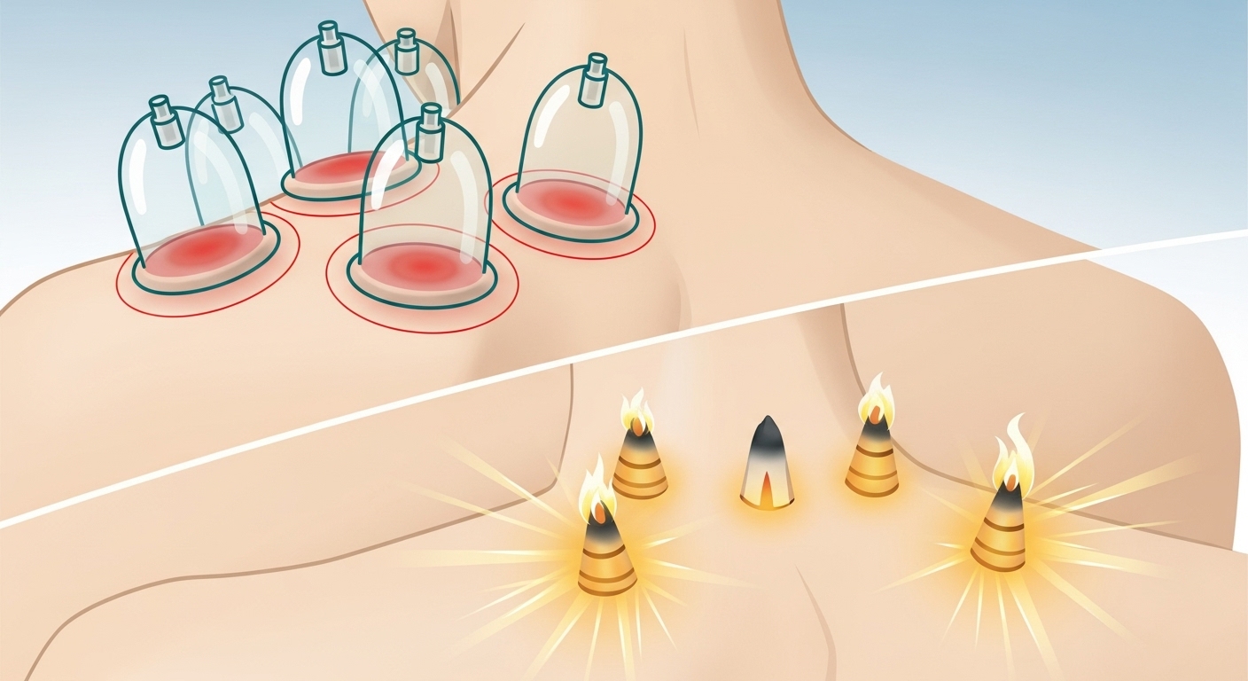 사람의 등 위쪽에 적용된 투명 부황 컵들과 아래쪽 허리에 뜸의 따뜻함이 퍼지는 것을 보여주는 스타일화된 그림