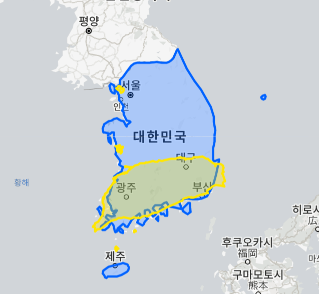 대한민국과 대만의 크기 비교 사진