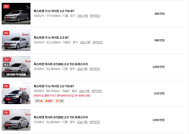 폭스바겐 파사트 중고차 가격 시세표 연비