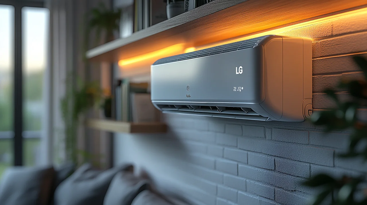 벽에 장착된 LG 에어컨과 간결한 바람 세기 컨트롤러가 조화를 이룹니다. 공간을 절제되면서도 세련되게 연출합니다.