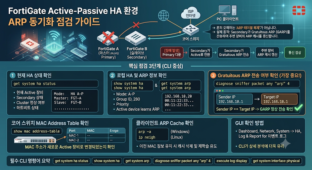 FortiGate HA 환경에서 ARP 동기화 확인 방법