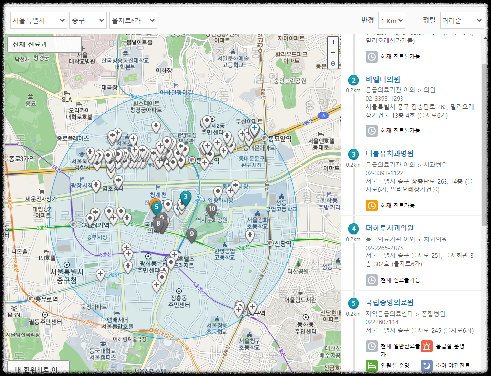 현재위치 지도로 병원 찾기