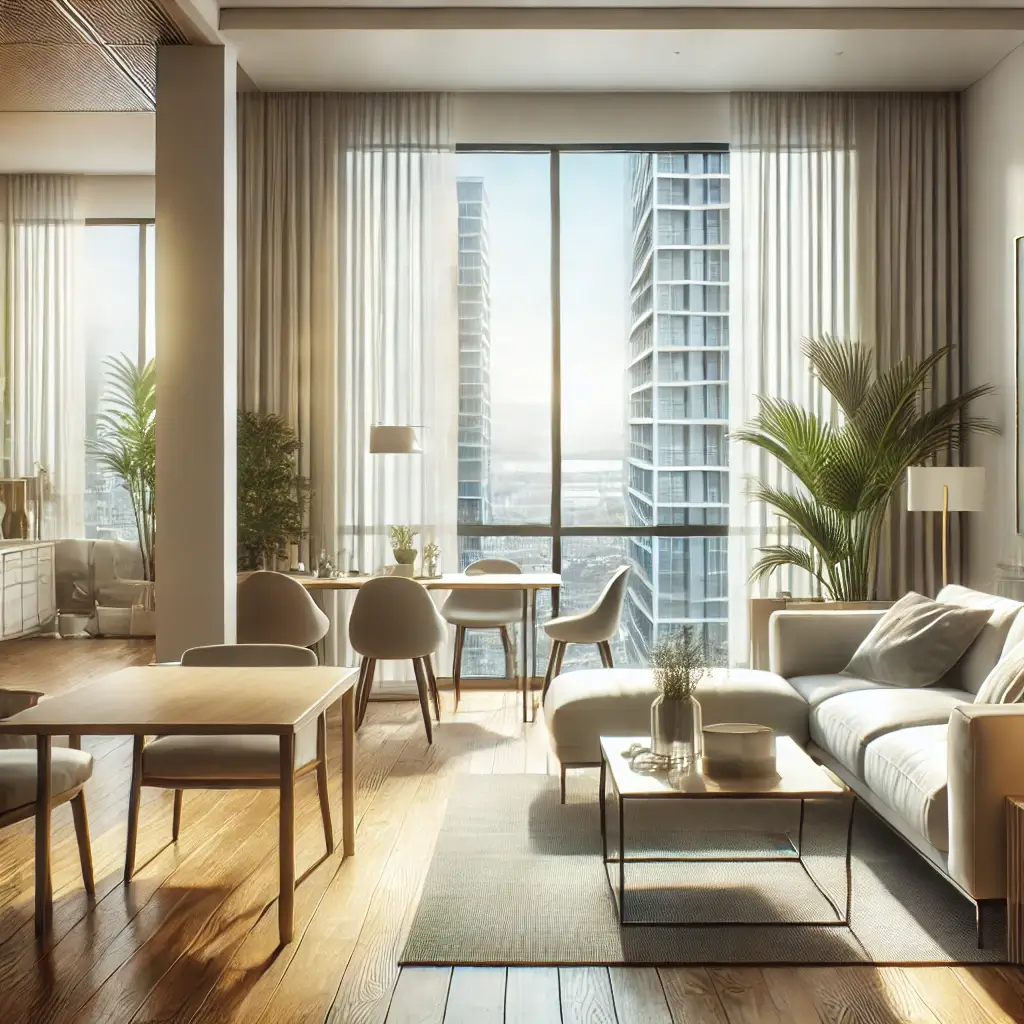 밝고 넓은 거실이 있는 현대적인 아파트 내부