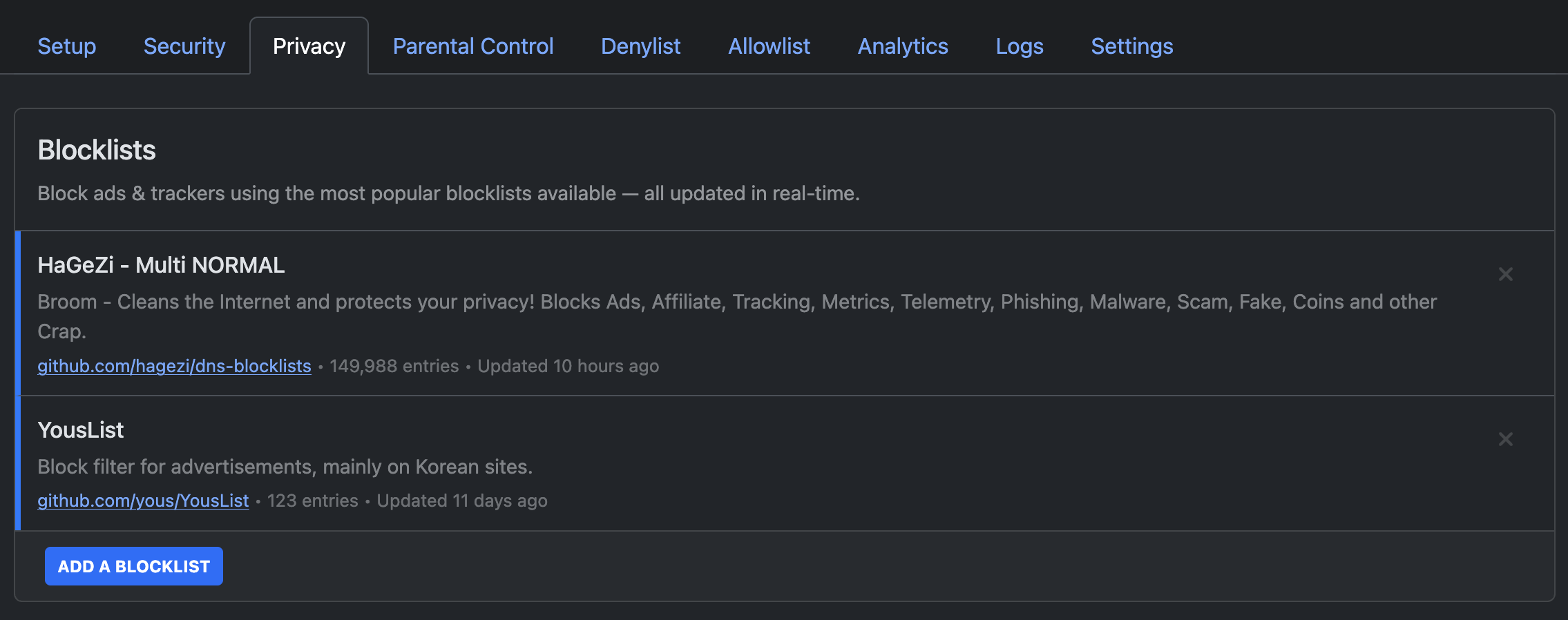 NextDNS Privacy 탭 - Blocklists