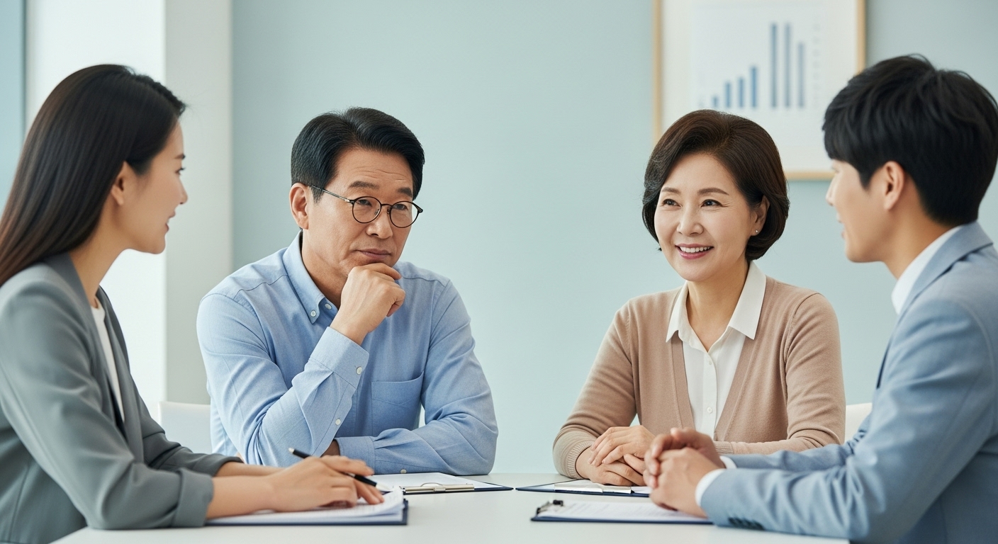 전문가와 함께 노후 재무 상담을 받는 중년 부부