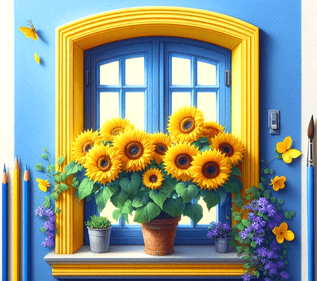 노란 창문 앞에 노란 해바라기들이 가득 핀 화분이 있다. 주변엔 노랑나비들이 날아다닌다.