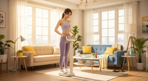 햇살 드는 아파트 거실에서 체중계 위에 선 여성