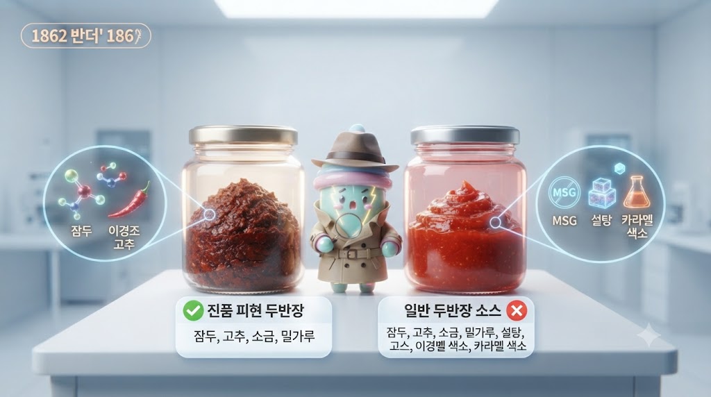 왼쪽 '피현 두반장' 진품 병에는 잠두&middot;고추&middot;소금&middot;밀가루 4가지 재료만 적혀 있고, 내용물은 짙은 적갈색의 되직한 페이스트입니다. 오른쪽 '가짜 두반장' 병에는 대두&middot;마늘&middot;설탕&middot;MSG 등 10가지가 넘는 재료가 적혀 있고, 내용물은 묽고 인공적인 붉은색입니다. 쫀쿠가 돋보기를 들고 성분표를 가리키며 "이름만 두반장인지 확인하세요!"라고 외칩니다.