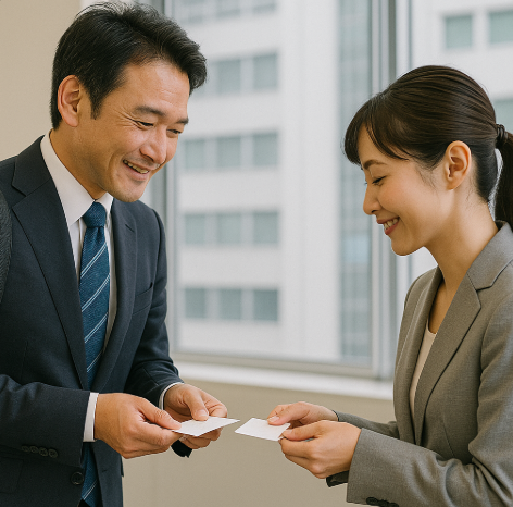 서로 명함을 주고 받는 모습입니다.