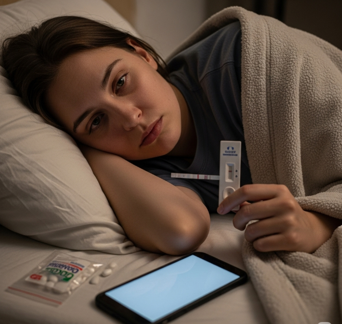 자가진단 키트에서 양성 결과가 나온 후, 피로한 표정으로 침대에 누워있는 사람의 모습. 옆에는 휴대폰과 약봉지가 놓여있다.