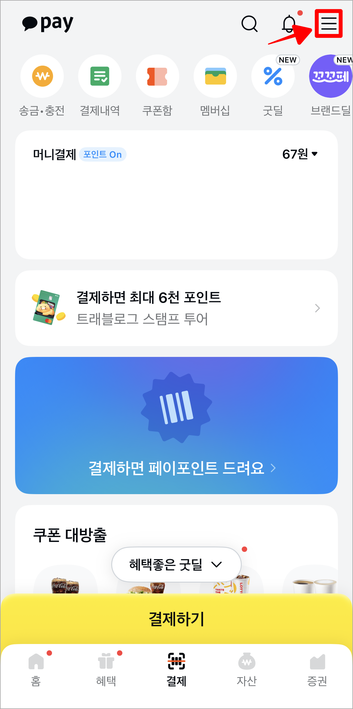 카카오페이에 접속한 후 화면의 [&equiv;] 버튼을 선택