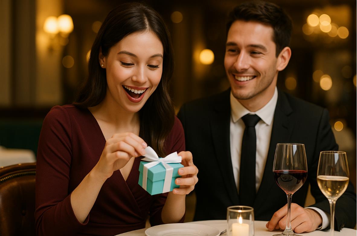 레스토랑에서 젊은 여성이 남자 친구 앞에서 설레이며 파란색 작은 선물 상자를 여는 모습