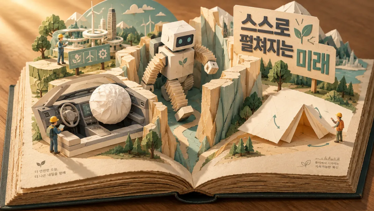 아코디언 관절로 접힌 소프트 로봇이 종이 협곡을 지나고, 자동차 에어백이 구형으로 부풀어 오르며, 평평한 종이가 스스로 텐트로 접히는 미래 기술 팝업북
