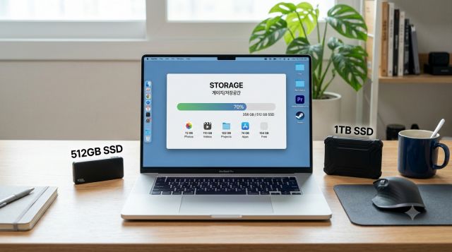 노트북의 512GB SSD와 1TB SSD 저장공간을 비교하는 모습