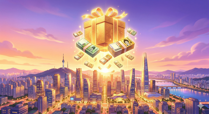 2026년 한국 경기 방어 현금 지원 대표 이미지: 도시 위로 내려오는 황금빛 현금 선물 상자